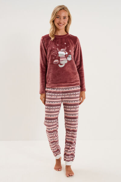 Ensemble pyjama pantalon effet velours rose framboise femme