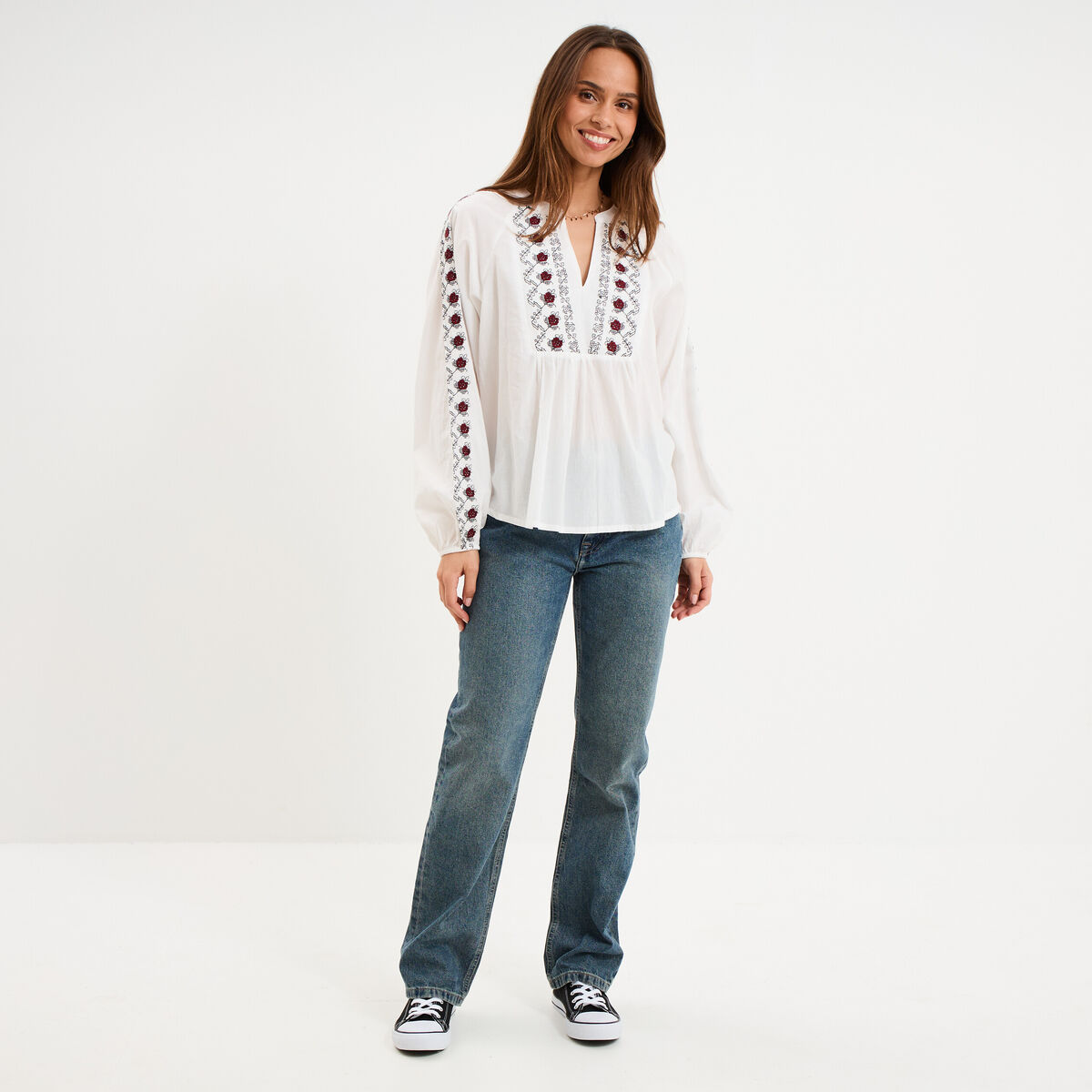 Blouse brod&eacute;e oversize coton blanc femme