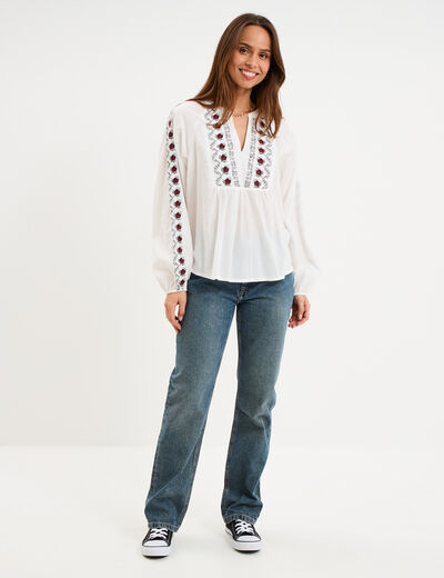 Blouse brod&eacute;e oversize coton blanc femme