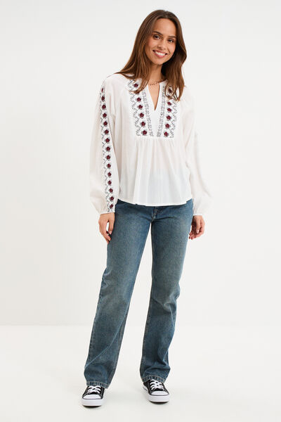 Blouse brod&eacute;e oversize coton blanc femme