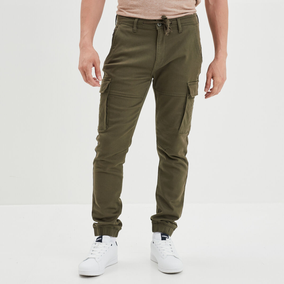 Pantalon cargo slim stretch vert kaki homme