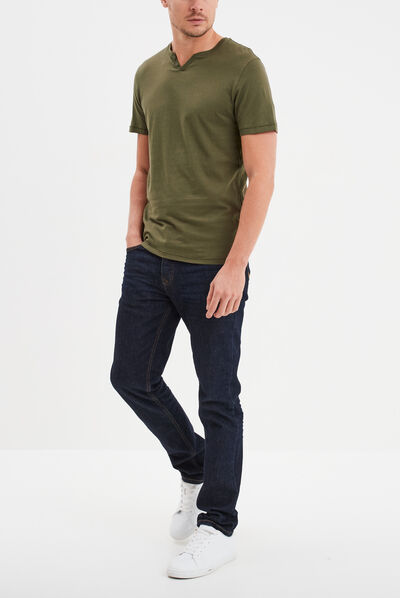 T-shirt manches courtes col tunisien vert kaki homme