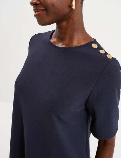 Robe droite cr&ecirc;pe manches courtes bleu fonc&eacute; femme