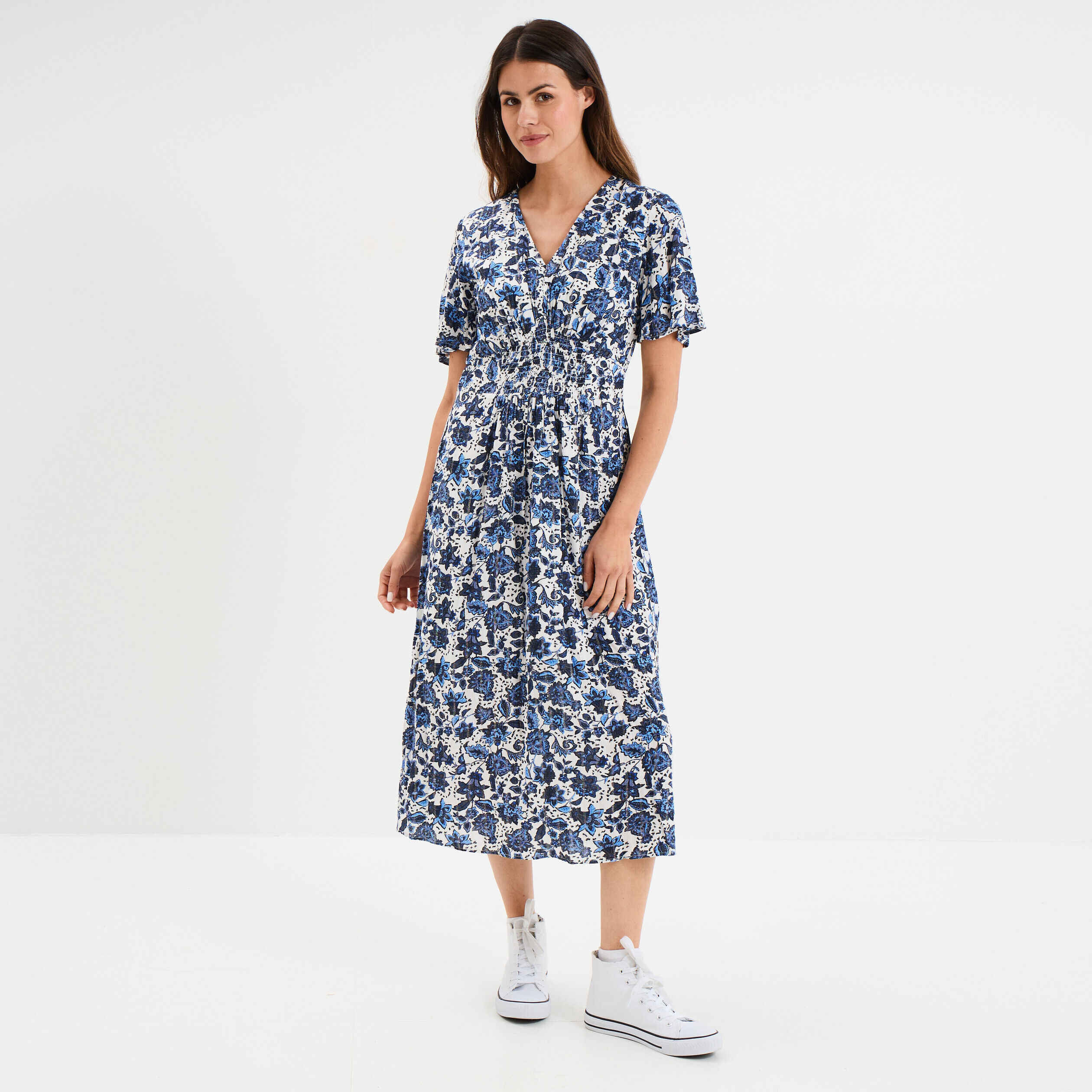 Robe longue empire taille smockée Creeks blanc femme CREEKS