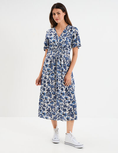 Robe longue empire taille smockée Creeks blanc femme