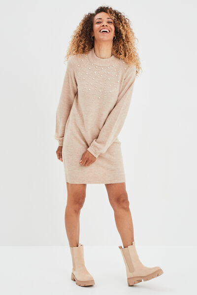Robe pull à perles manches ballons sable femme