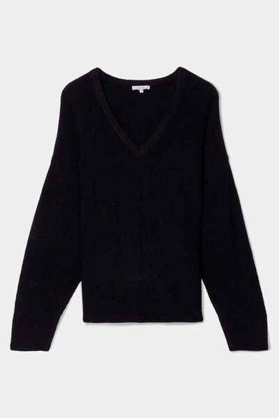 Pull manches chauves-souris col en V noir femme grande taille