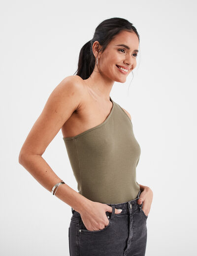 Débardeur asymétrique côtelé vert kaki femme