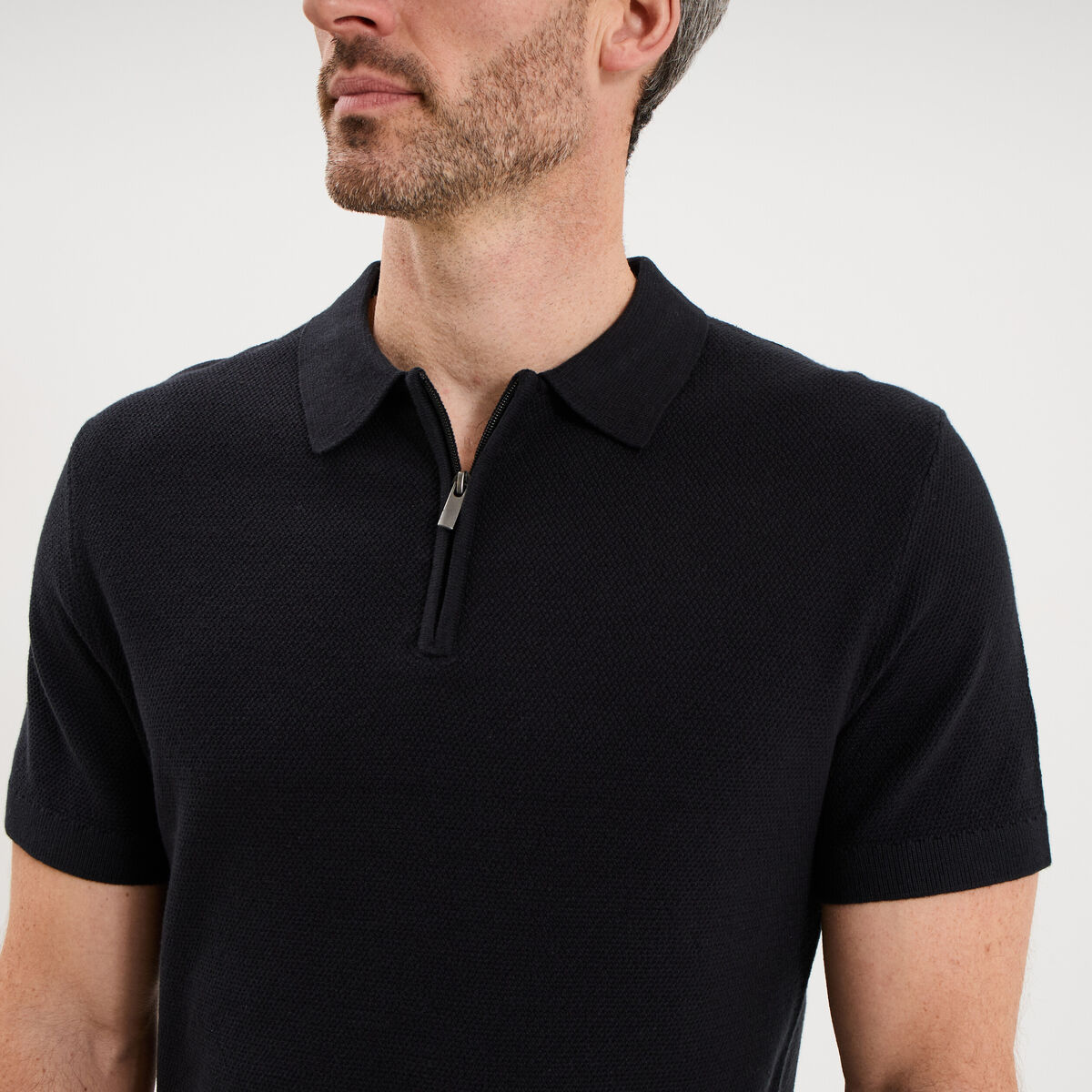 Polo col zipp&eacute; manches courtes coton noir homme