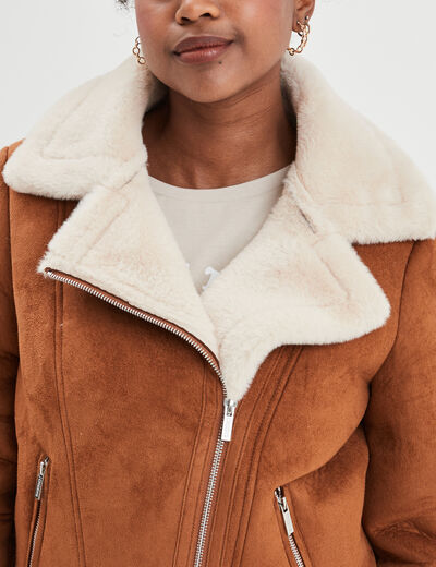 Veste col aviateur zippée doublée camel femme