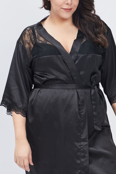 Déshabillé satiné grande taille noir femme grande taille