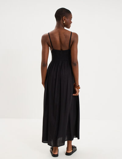 Robe longue buste effet crochet noir femme