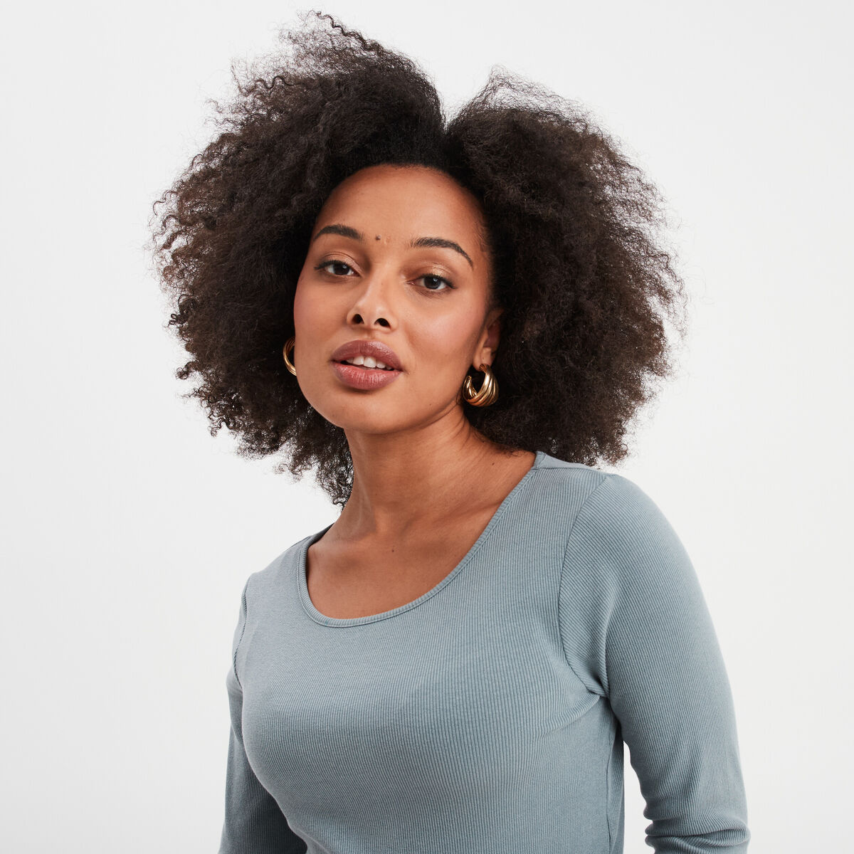 T-shirt col rond manches longues coton gris femme