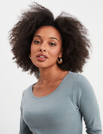 T-shirt col rond manches longues coton gris femme