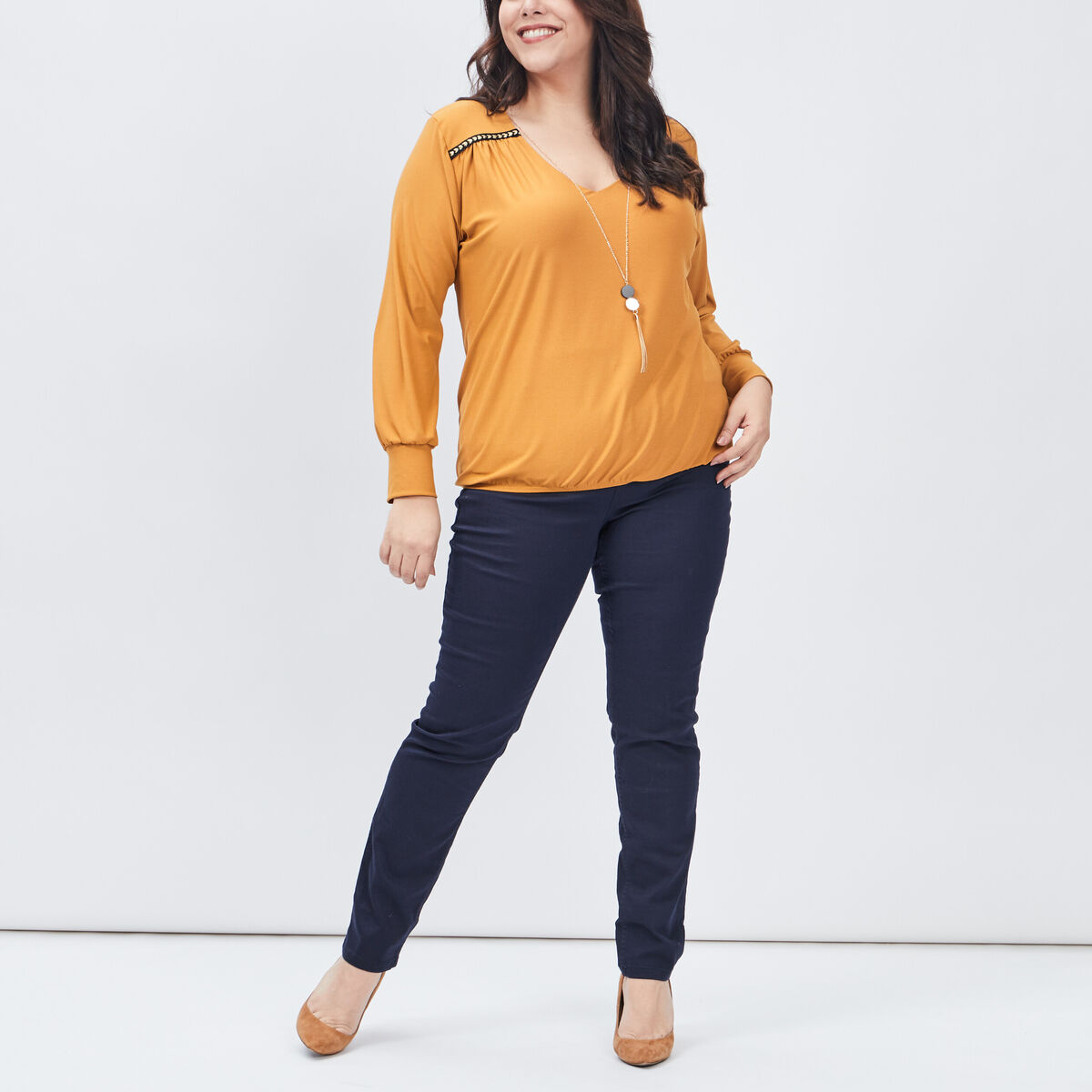 Pantalon slim taille haute et élastiquée bleu marine femme grande taille