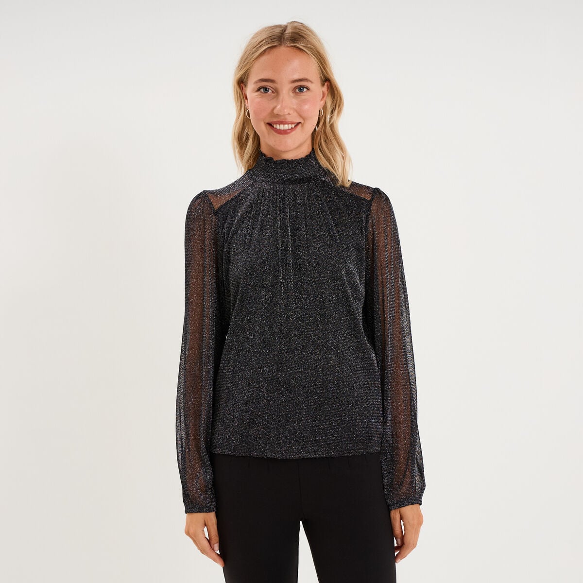 T-shirt fil m&eacute;tallis&eacute; col montant noir femme