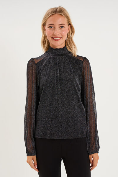 T-shirt fil m&eacute;tallis&eacute; col montant noir femme