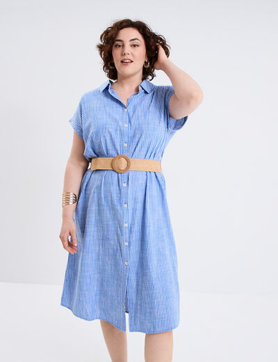 Robe chemise ceintur&eacute;e longueur genou bleu lavande femme grande taille