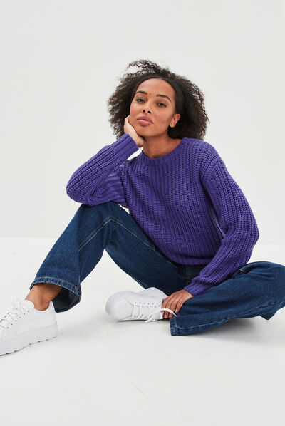 Pull côtelé col rond manches longues violet femme