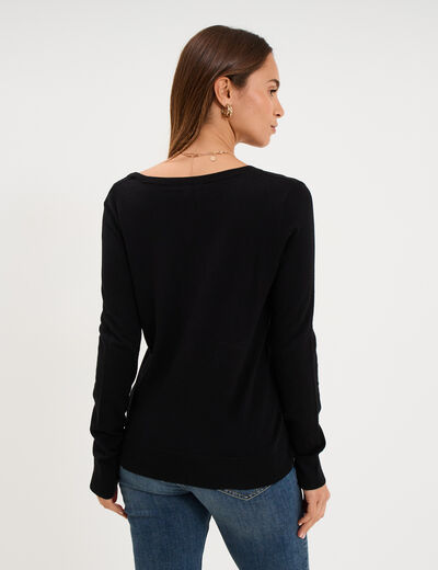 Pull col en V manches longues noir femme