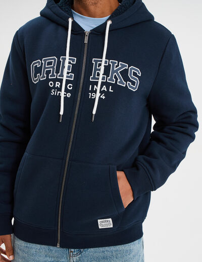Sweat zippé à capuche doublé bleu marine homme