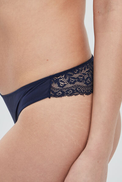 Tanga avec micro dentelle bleu marine femme