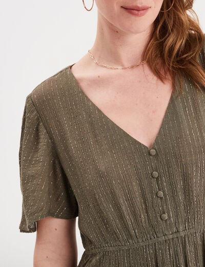 Robe longue empire fils métallisés coton vert kaki femme