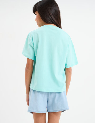 T-shirt col rond manches courtes coton bleu turquoise fille
