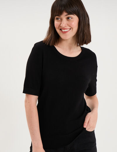 Pull manches courtes col rond noir femme