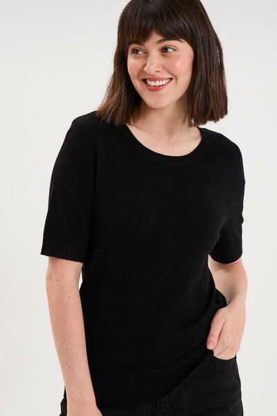 Pull manches courtes col rond noir femme