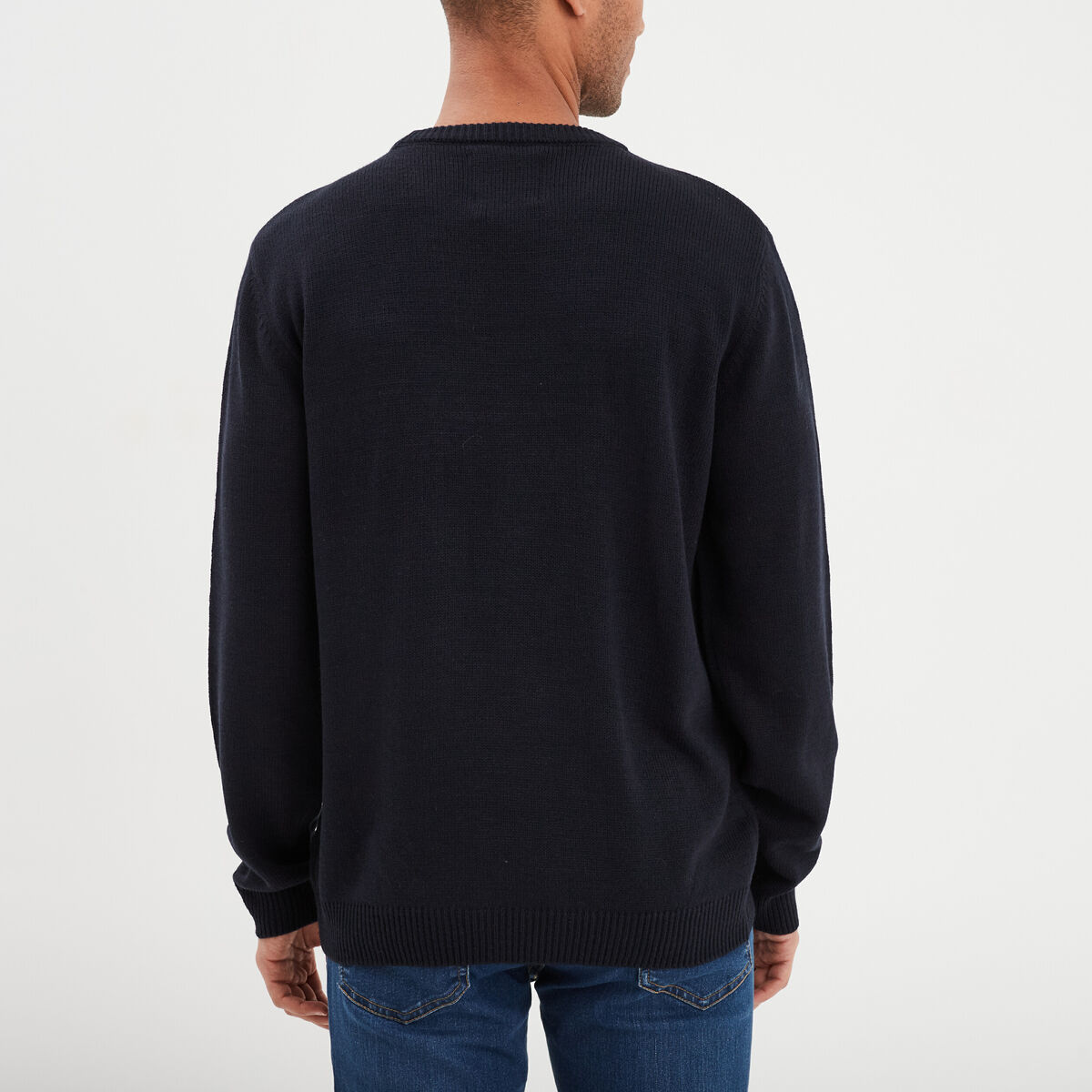 Pull No&euml;l manches longues col rond bleu fonc&eacute; homme