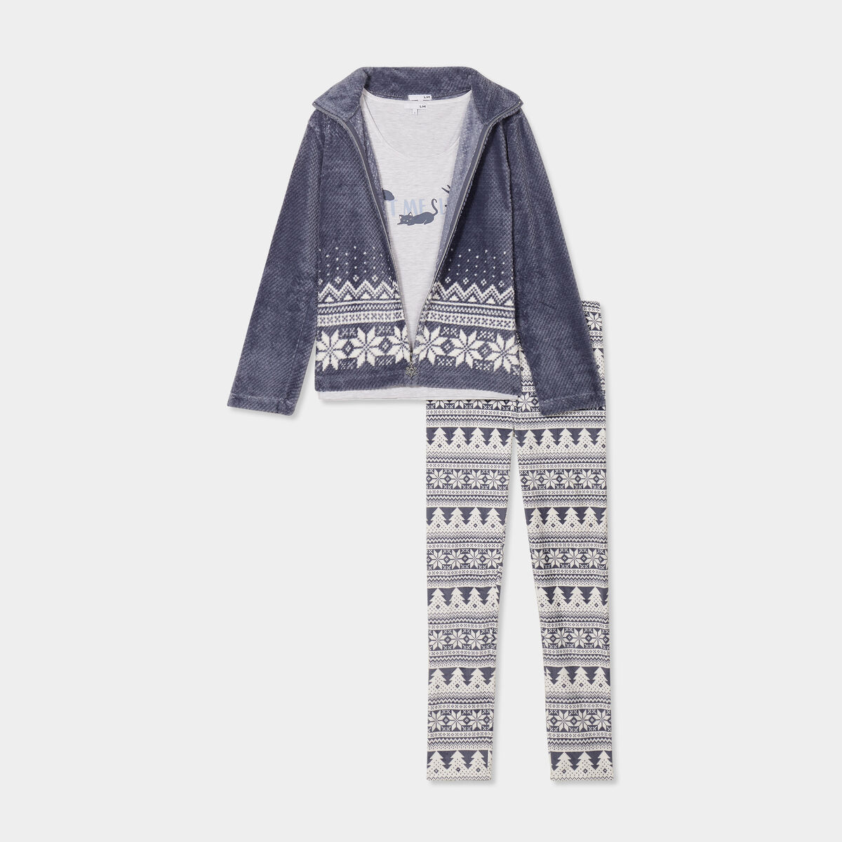 Ensemble pyjama 3 pièces gilet à capuche bleu gris femme