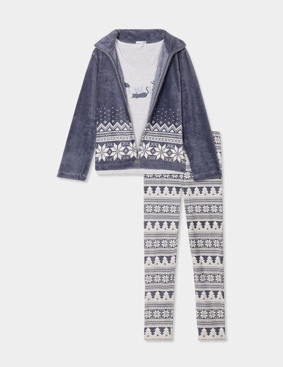 Ensemble pyjama 3 pièces gilet à capuche bleu gris femme