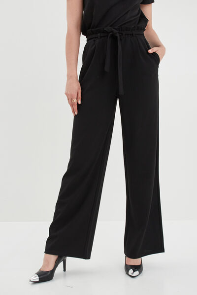 Pantalon large ceinturé noir femme