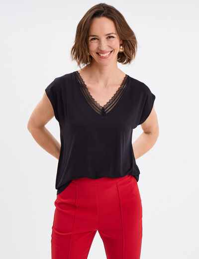 T-shirt col en V manches courtes noir femme