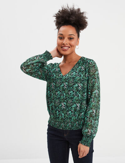 Blouse col en V manches longues vert femme
