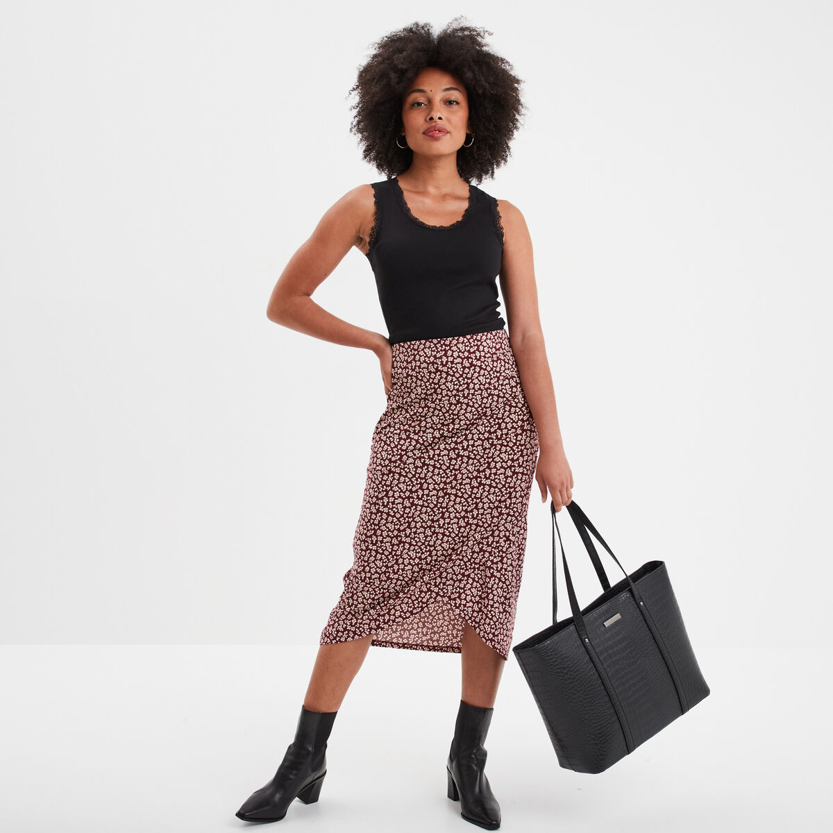 Jupe midi portefeuille bordeaux femme