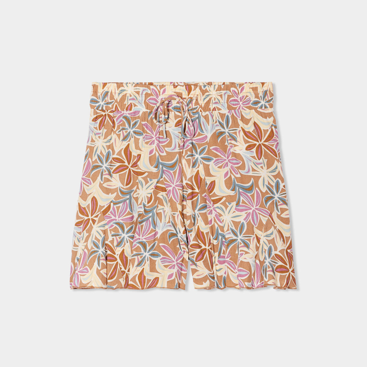 Short volanté fluide taille élastiquée camel femme