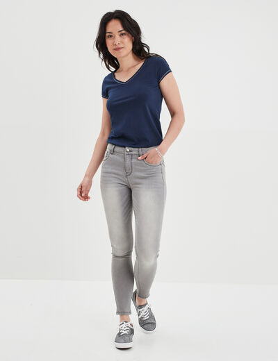 T-shirt col V ajusté manches courtes bleu marine femme