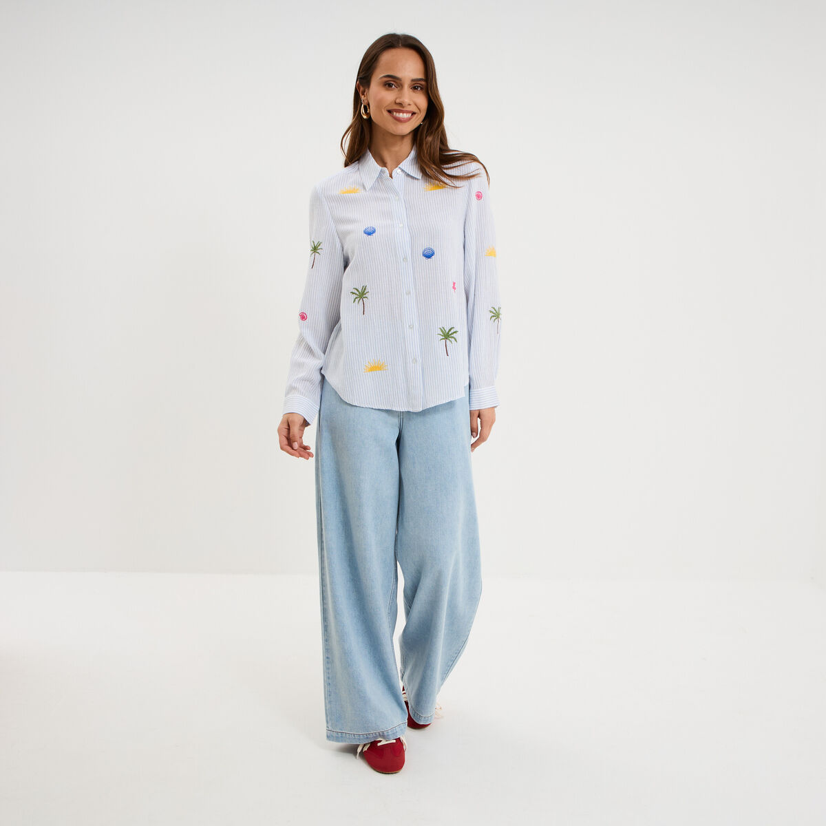 Chemise brod&eacute;e manches longues blanc femme