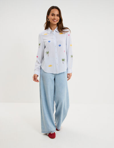 Chemise brod&eacute;e manches longues blanc femme