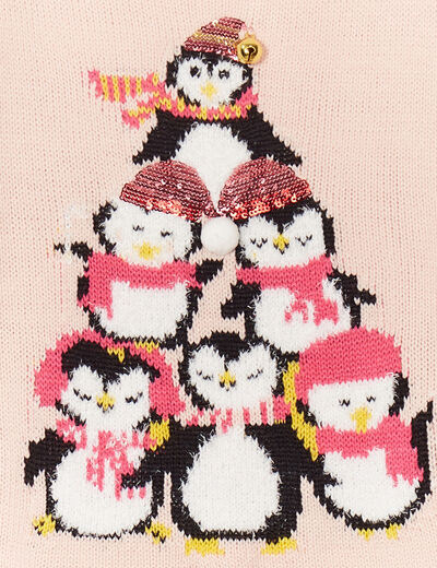 Pull No&euml;l d&eacute;tails sequins et grelot rose clair fille