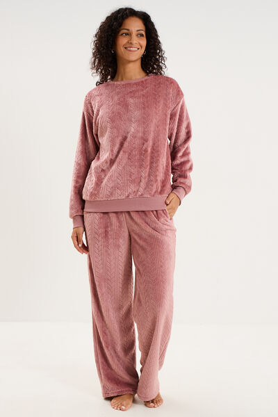 Haut de pyjama sweat polaire torsad&eacute; rose framboise femme