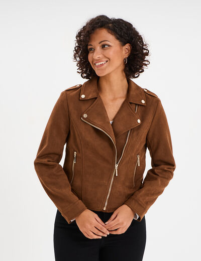 Veste courte esprit biker effet suédine camel femme
