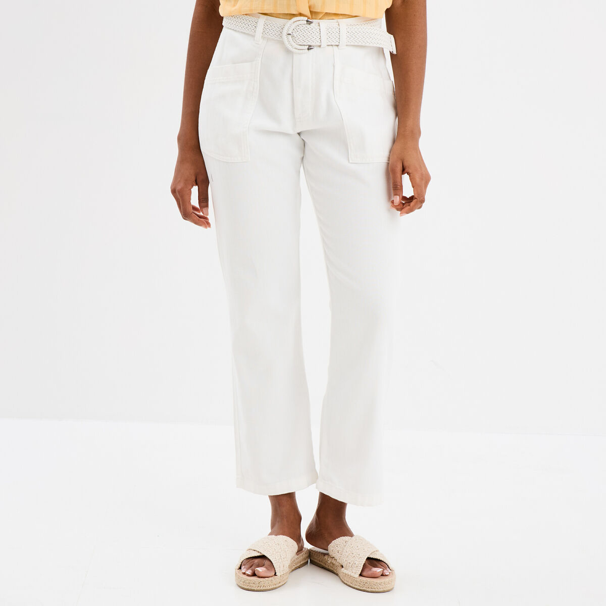Pantalon regular fluide ceinture blanc femme