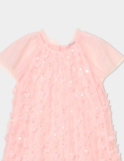 Robe tulle et sequins manches courtes rose clair fille