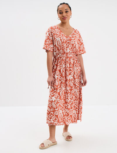 Robe midi cordons taille évasée terracotta femme