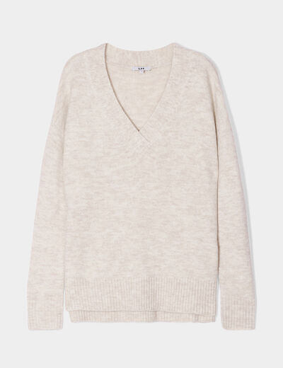 Pull droit ample col V fentes aux côtés ecru femme
