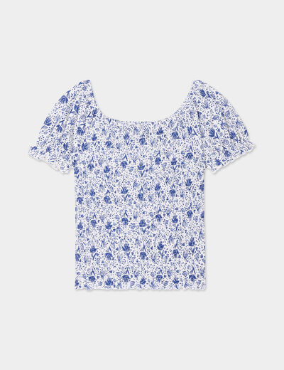T-shirt smocké à manches ballons courtes ecru fille