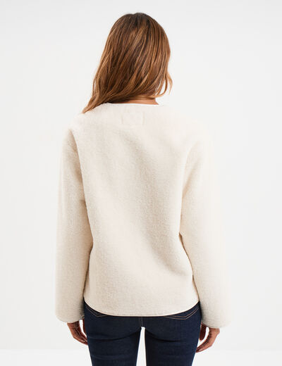Veste effet polaire boutonn&eacute;e col rond ecru femme